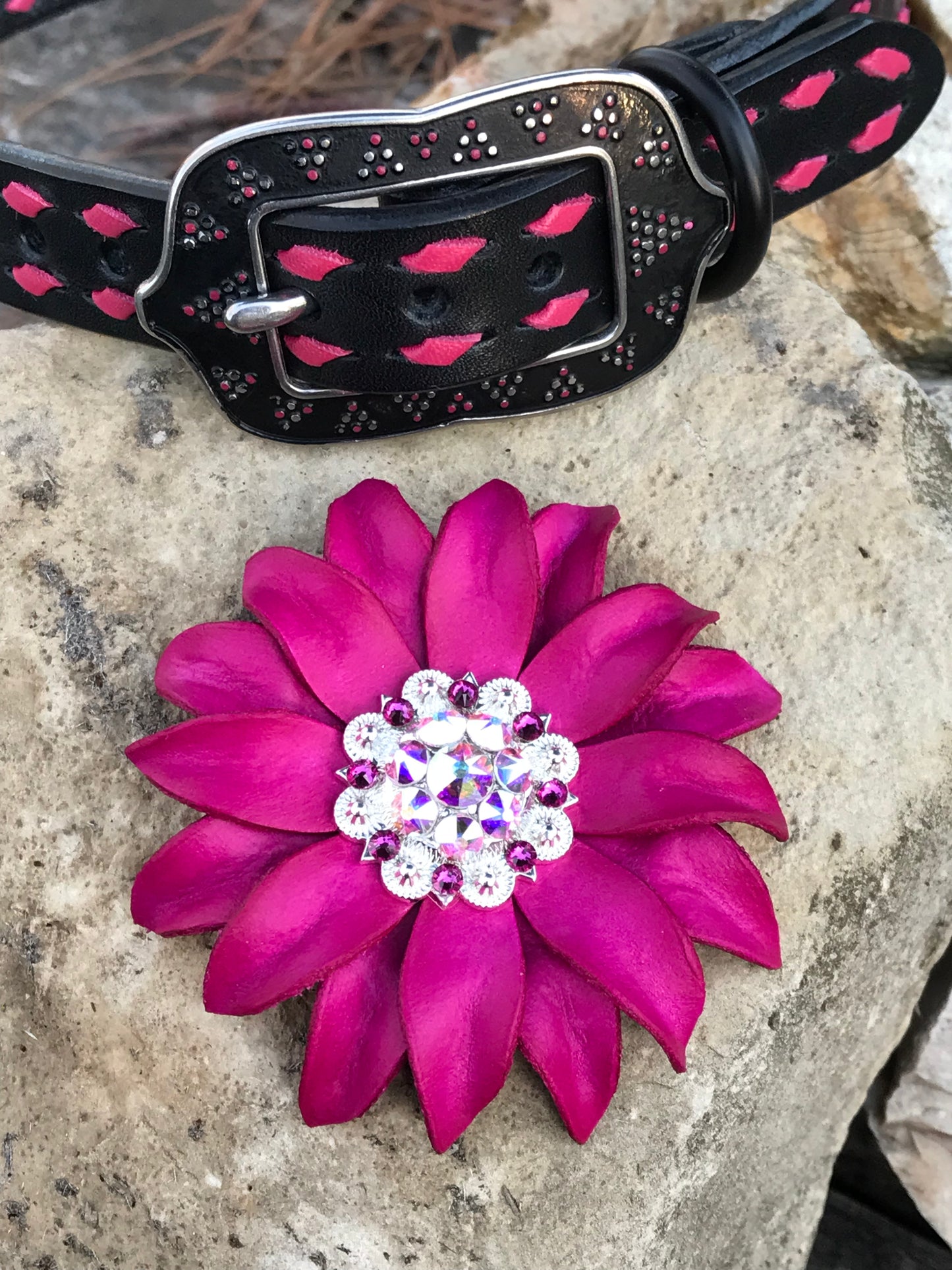 Black Dog Collar with Pink Buckstitch + Punchy Posey