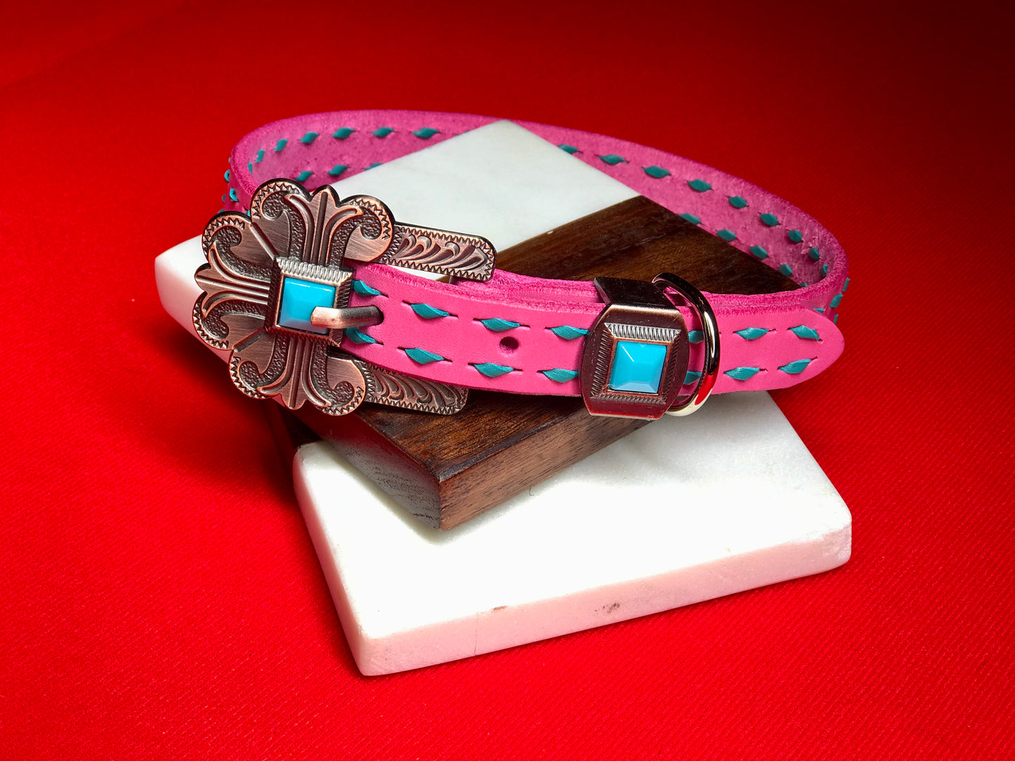 Pink & Turquoise Buckstitch Collar