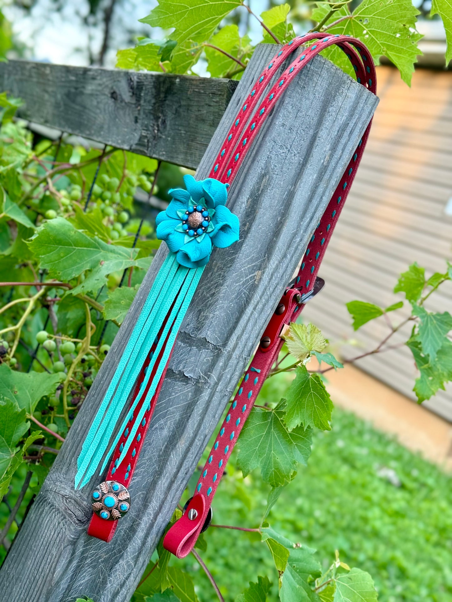 Red & Turquoise Buckstitch Headstall