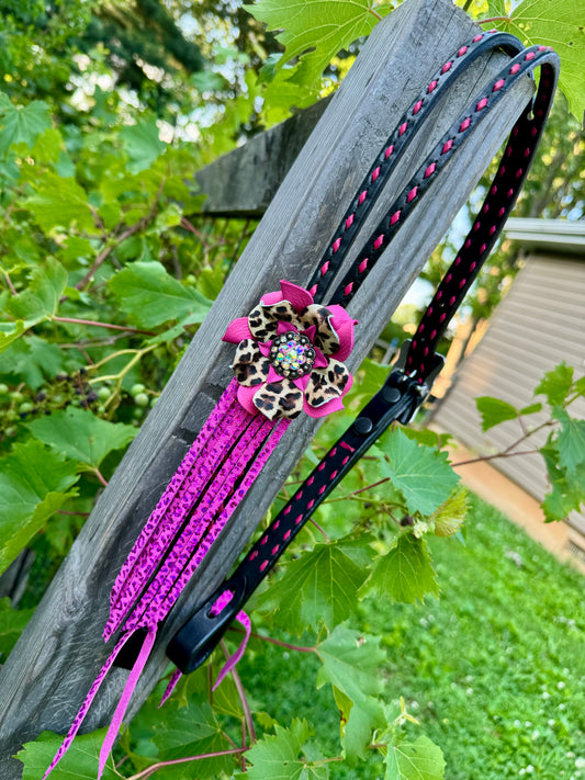 Black & Pink Cheetah Fringe Headstall