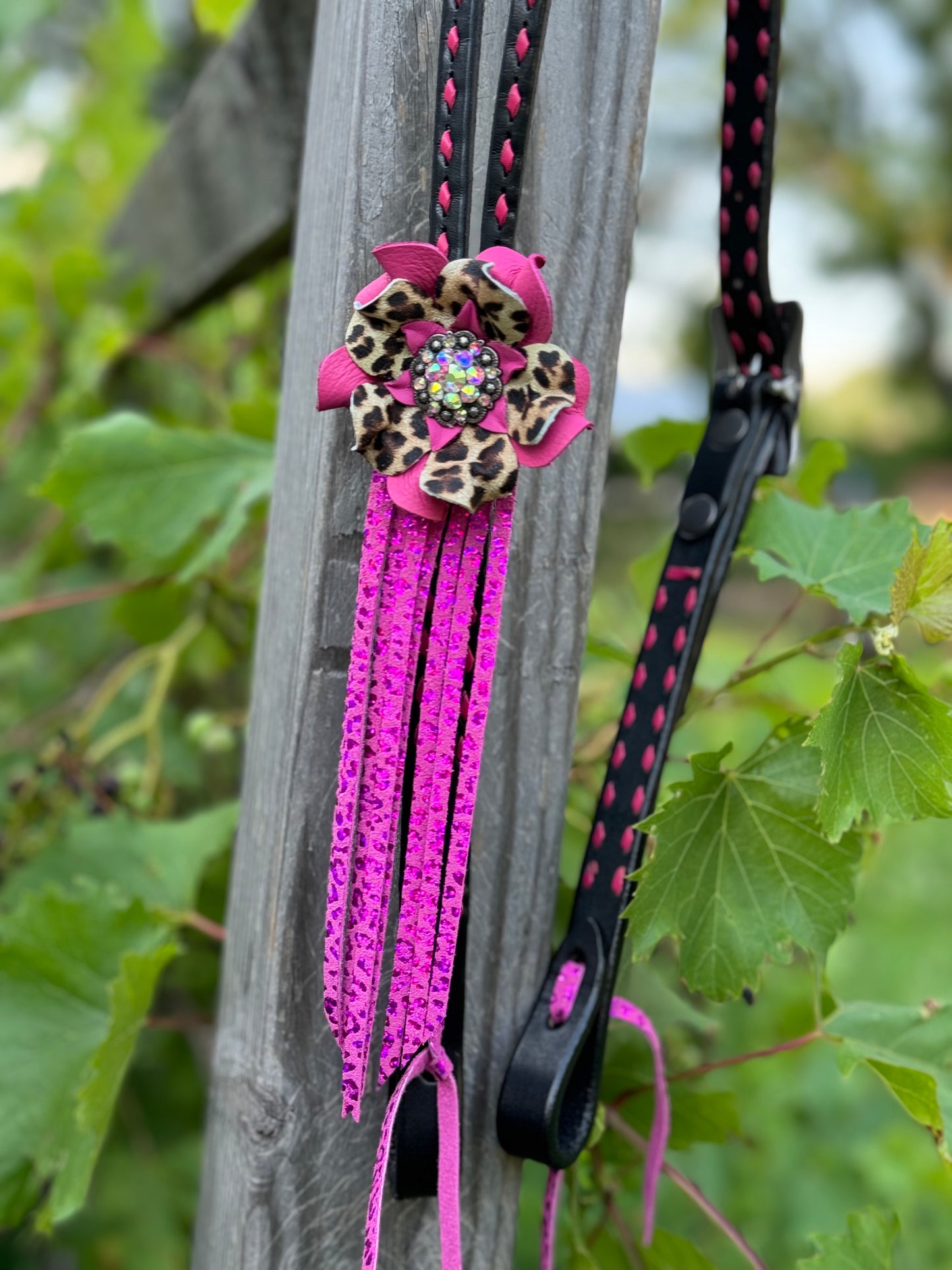 Black & Pink Cheetah Fringe Headstall