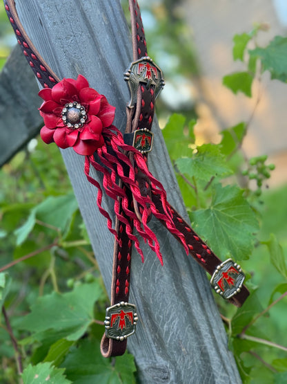 Chocolate & Red Fringe Thunderbird Headstall