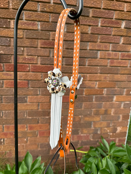 Light Oil Leopard & White Fringe Headstall