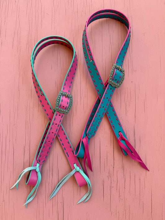 Pink and Turquoise Buckstitch Headstalls