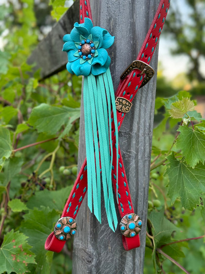 Red & Turquoise Buckstitch Headstall