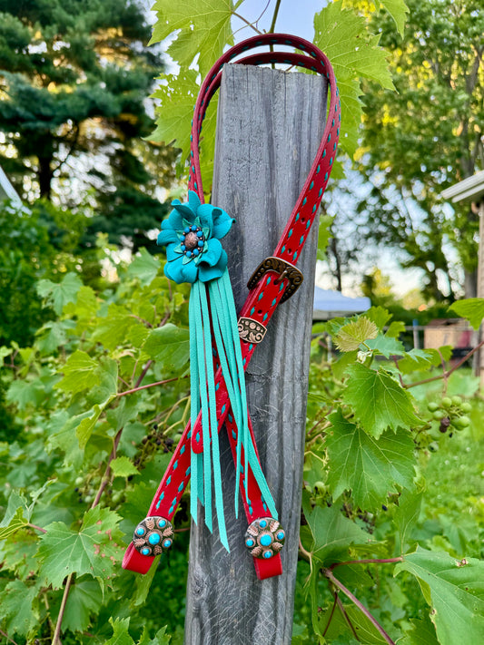 Red & Turquoise Buckstitch Headstall