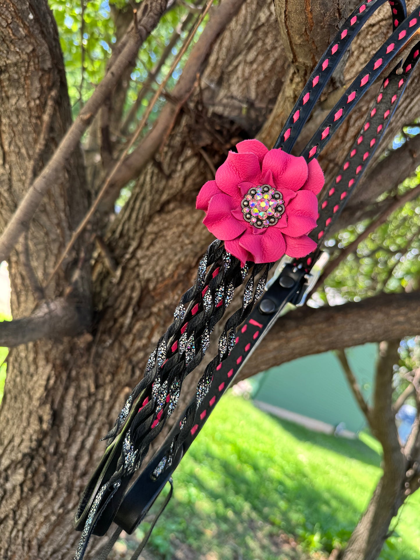 Black & Pink Fringe Headstall