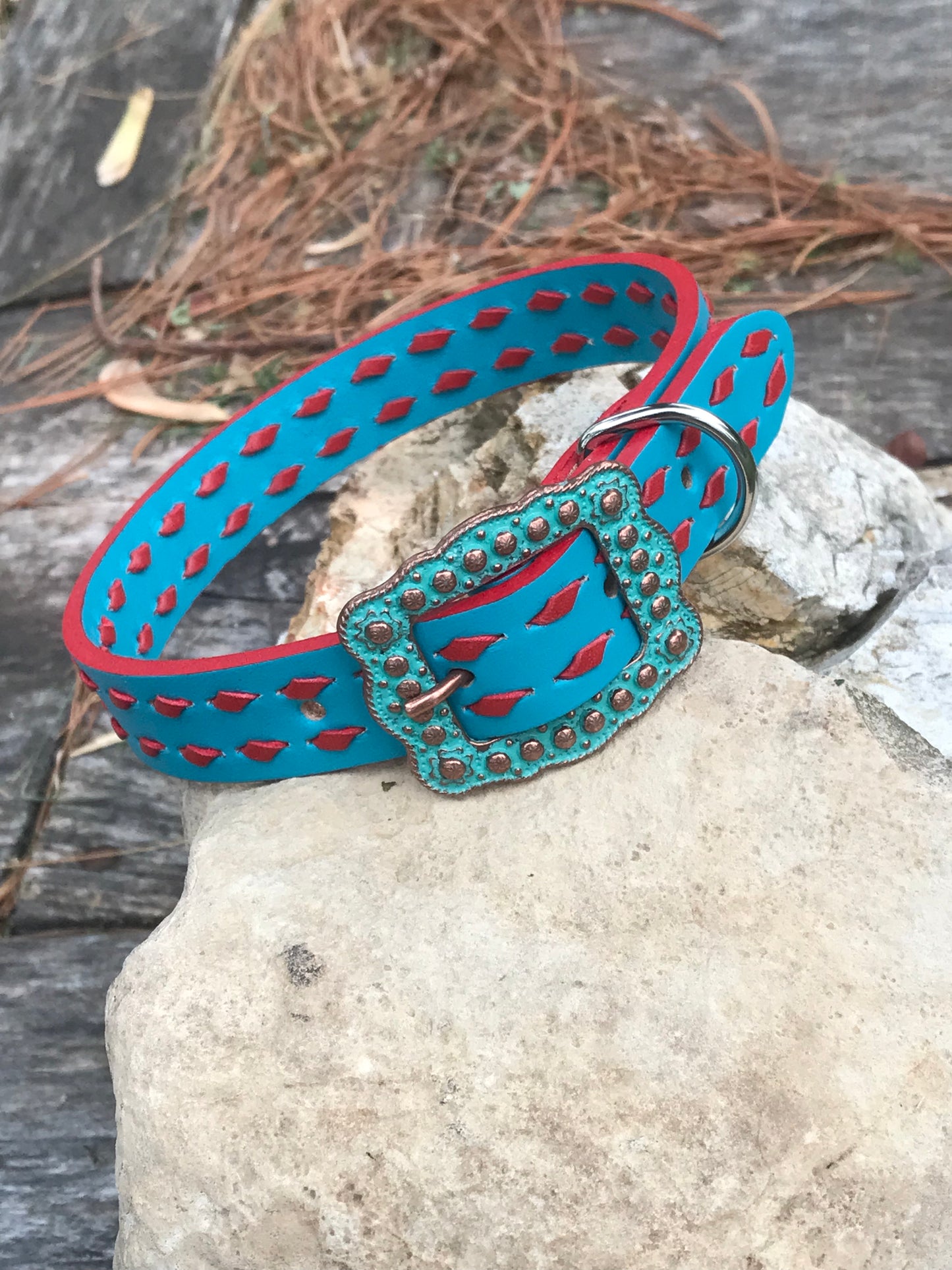 Turquoise Leather Dog Collar with Red Buckstitch