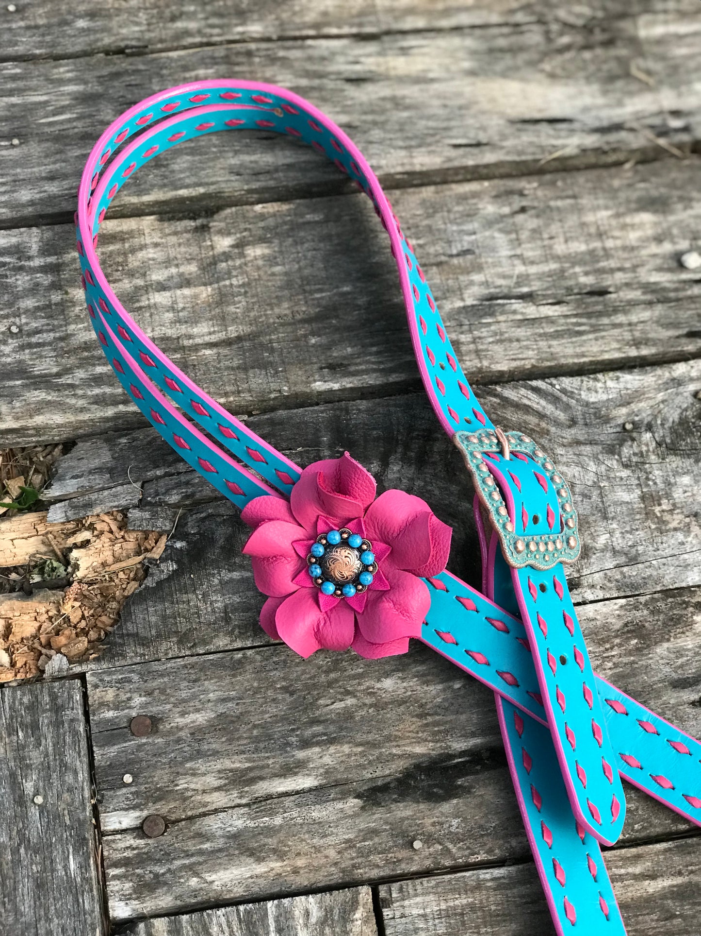 Turquoise Headstall with Pink Buckstitch