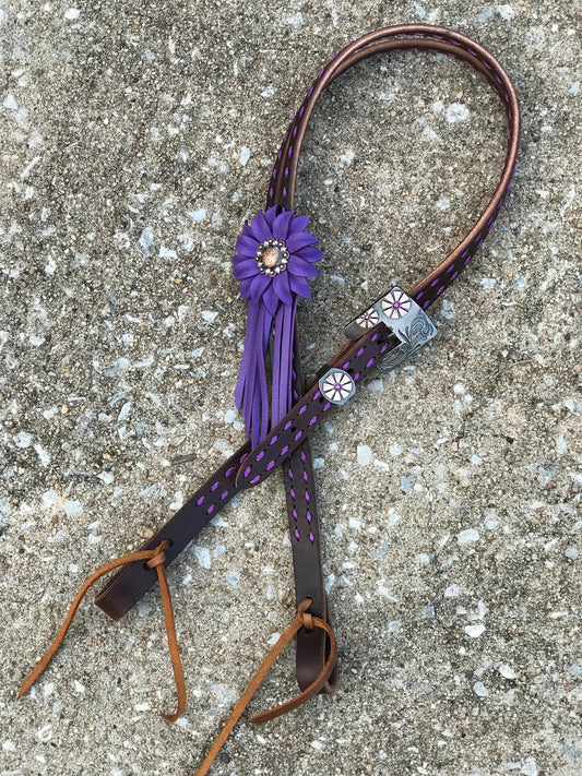 Chocolate Leather Headstall with Purple Buckstitch