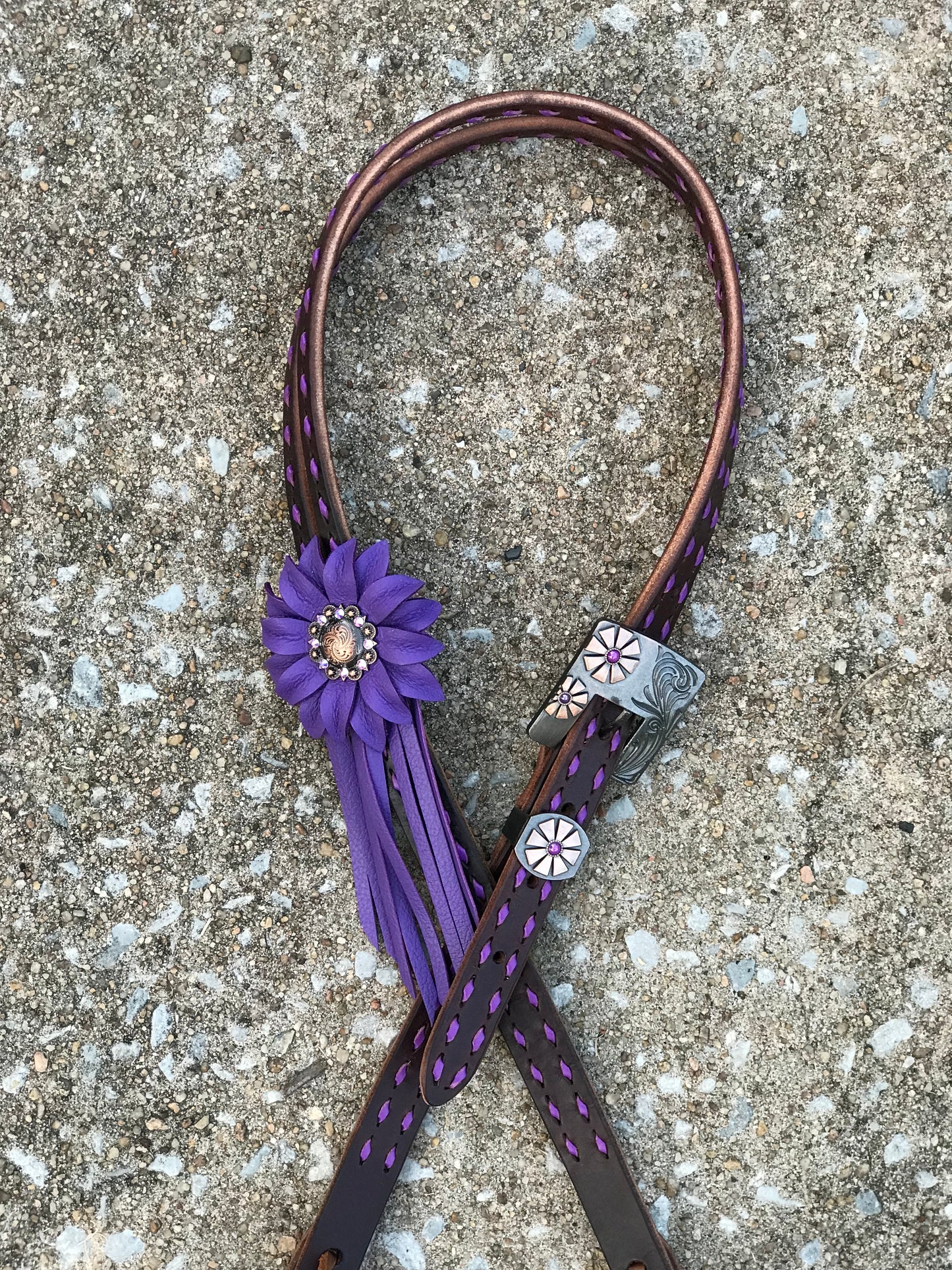 Chocolate Leather Headstall with Purple Buckstitch