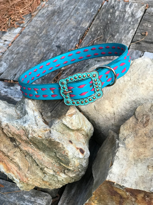 Turquoise Leather Dog Collar with pink Buckstitch