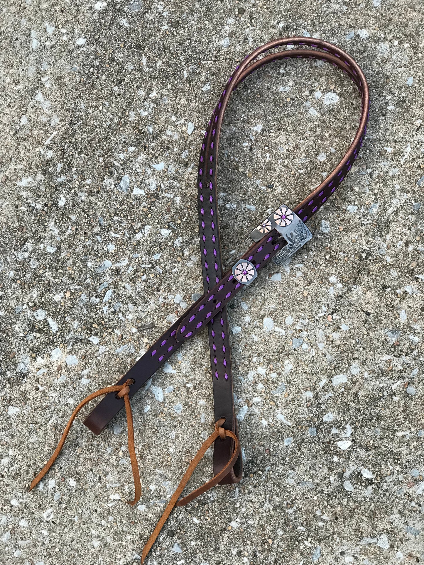 Chocolate Leather Headstall with Purple Buckstitch