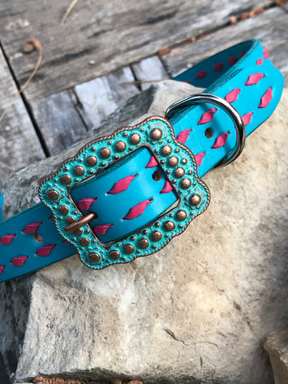 Turquoise Leather Dog Collar with pink Buckstitch