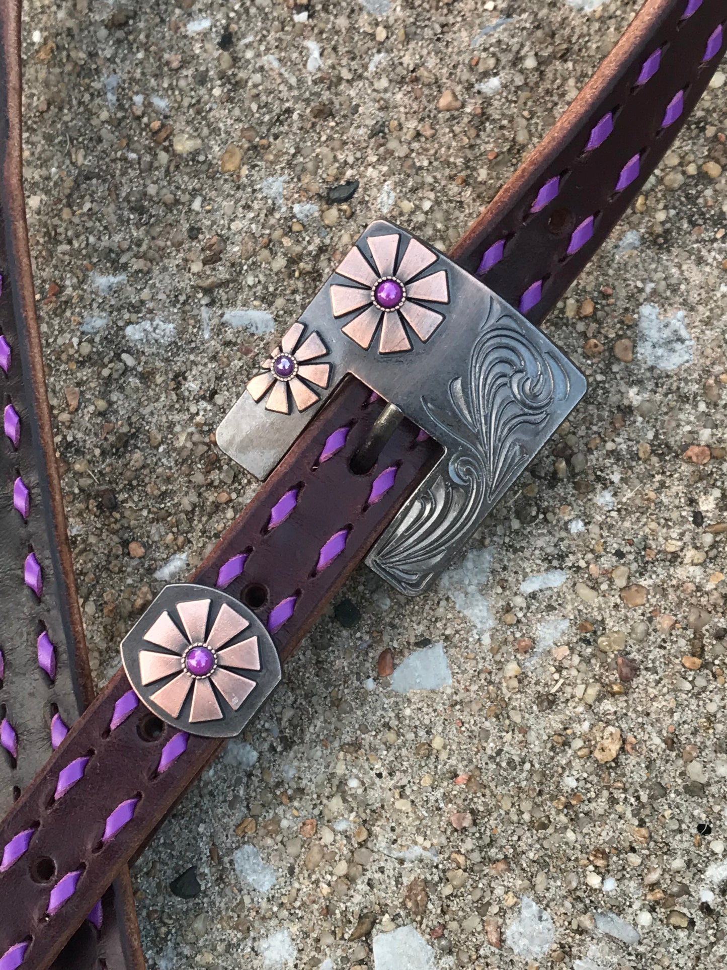 Chocolate Leather Headstall with Purple Buckstitch