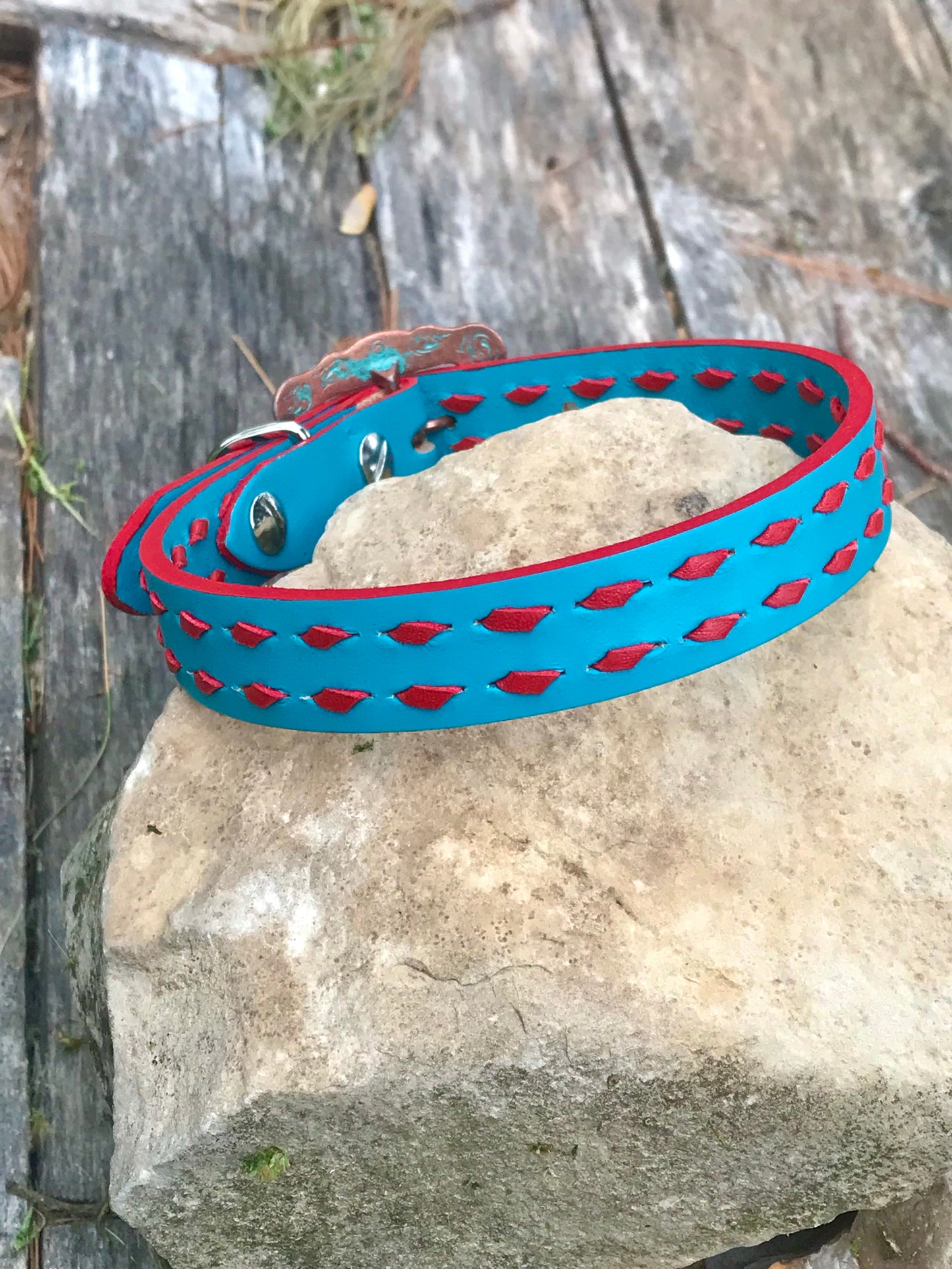 Turquoise Leather Dog Collar with Red Buckstitch