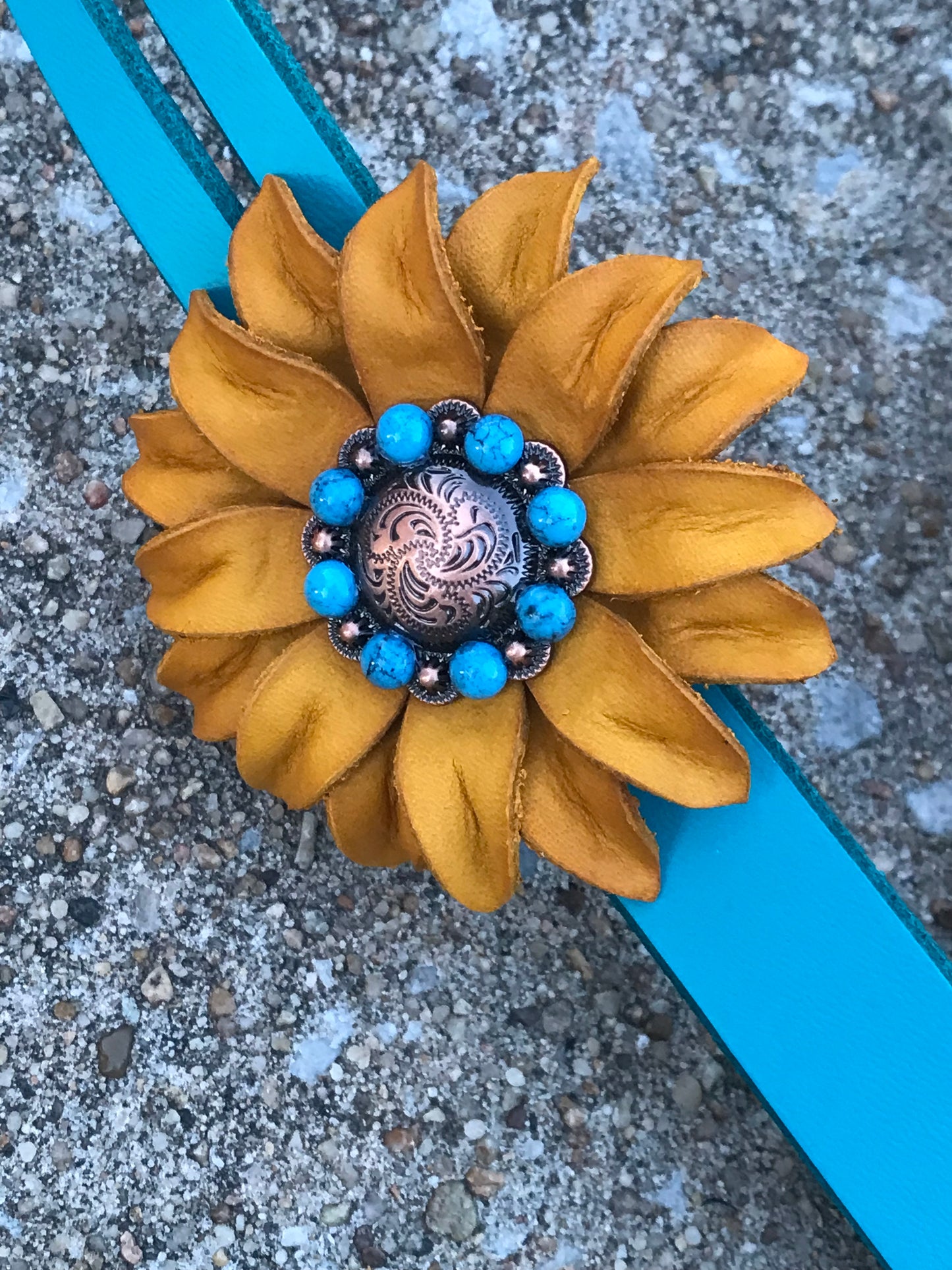 Turquoise Leather Headstall with Sunflower Concho