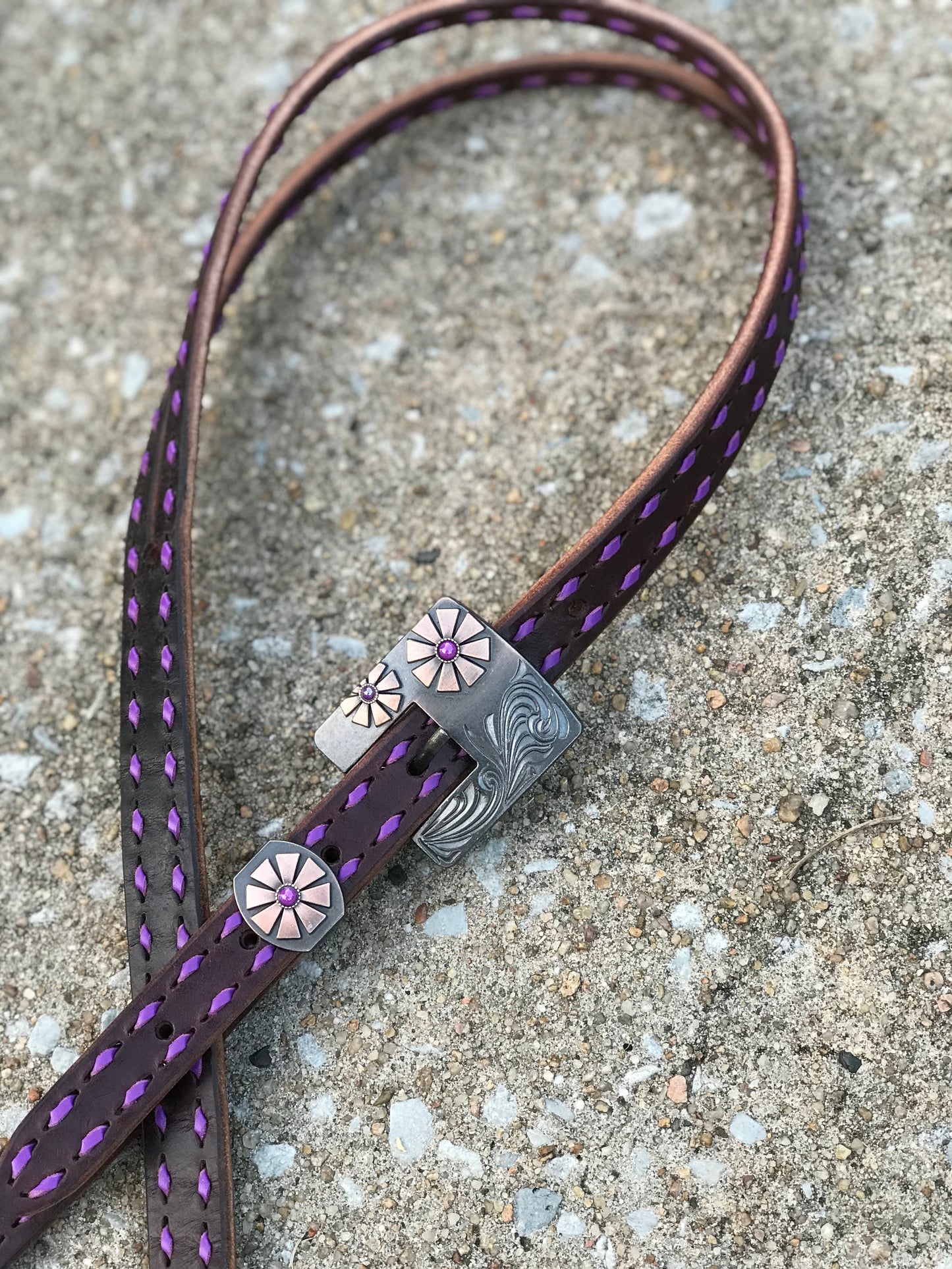 Chocolate Leather Headstall with Purple Buckstitch