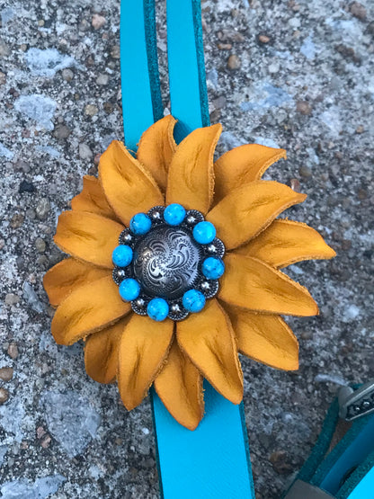 Turquoise Leather Headstall with Sunflower Concho