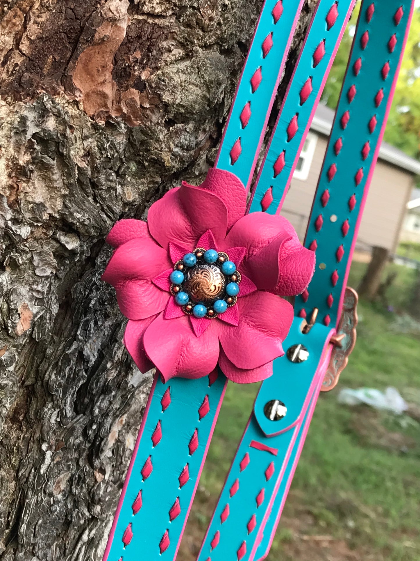 Turquoise Headstall with Pink Buckstitch