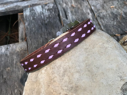 Chocolate Leather Dog Collar with Lilac Buckstitch