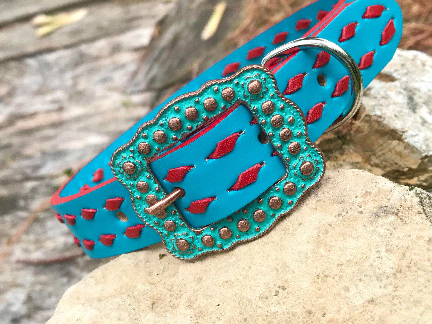 Turquoise Leather Dog Collar with Red Buckstitch