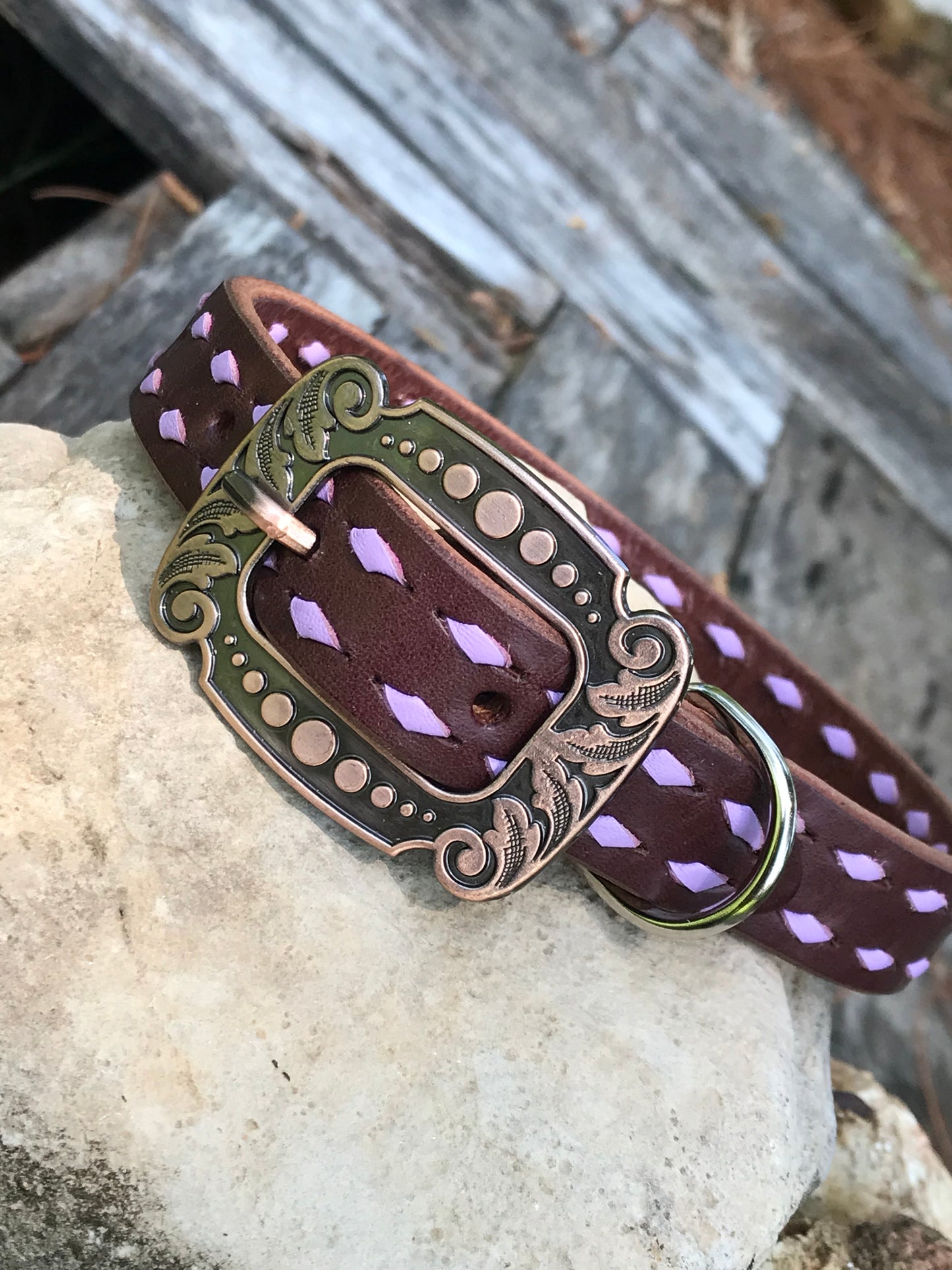 Chocolate Leather Dog Collar with Lilac Buckstitch