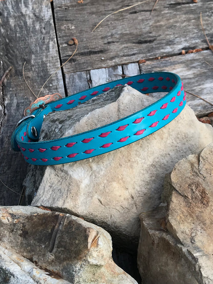 Turquoise Leather Dog Collar with pink Buckstitch