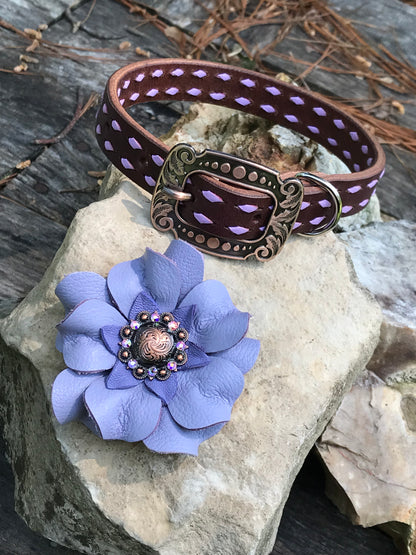 Chocolate Leather Dog Collar with Lilac Buckstitch