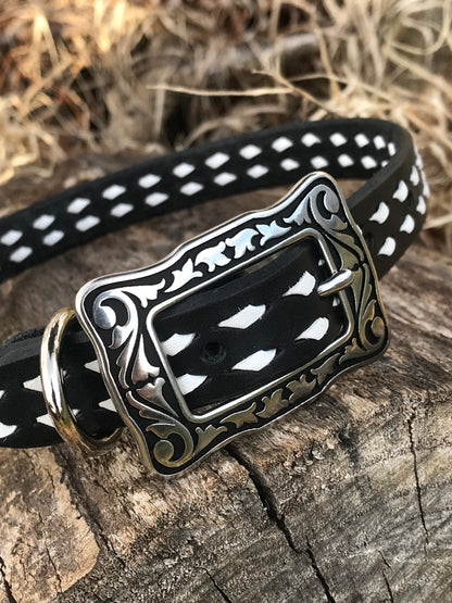 Black Leather Dog Collar with White Buckstitch