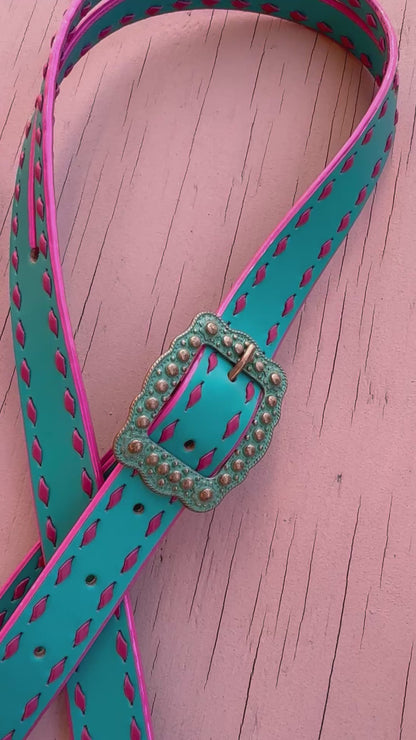 Pink and Turquoise Buckstitch Headstalls