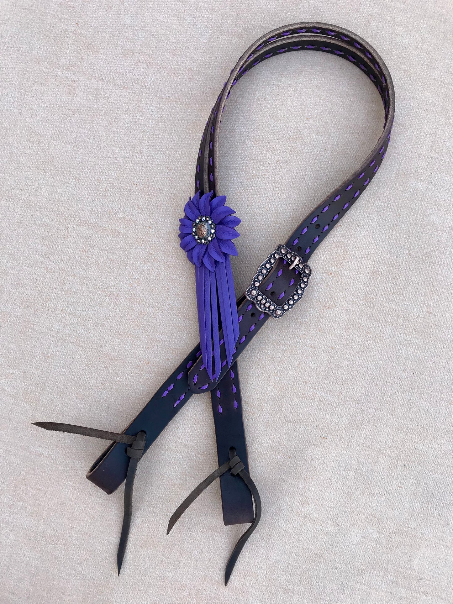 Chocolate Headstall with Purple Buckstitch + Matching Punchy Posey