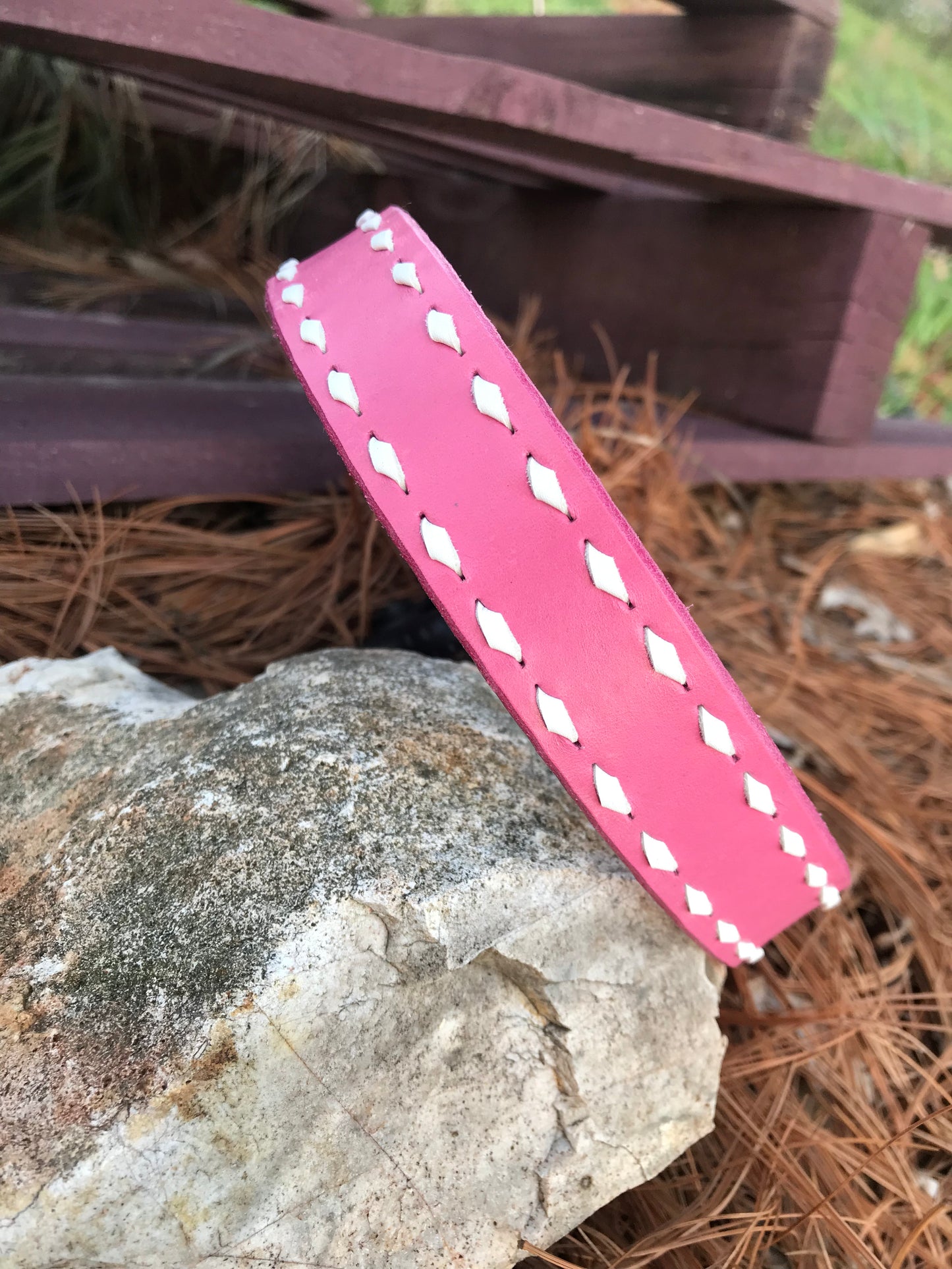 “Barbie Girl” Bubblegum Pink Leather Collar with White Buckstitch