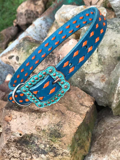 Blue Leather Dog Collar with Orange Buckstitch