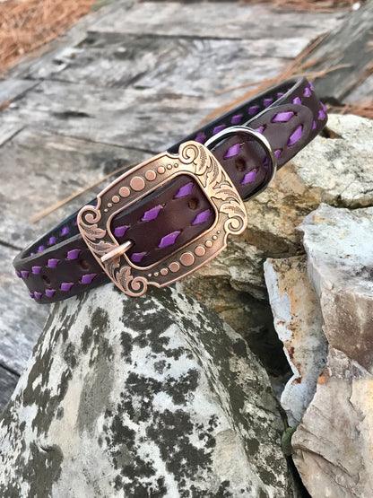 Chocolate Leather Dog Collar with Purple Buckstitch