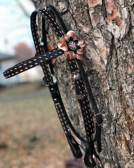 Leather Browband Headstall with Rose Gold Buckstitch