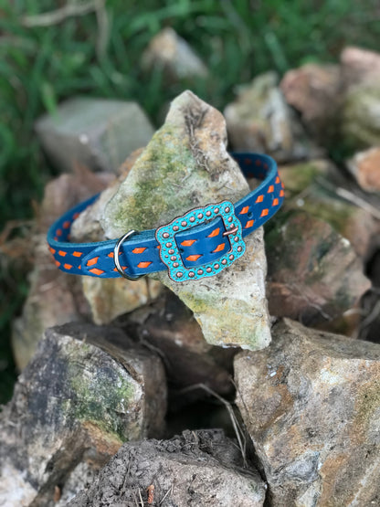 Blue Leather Dog Collar with Orange Buckstitch