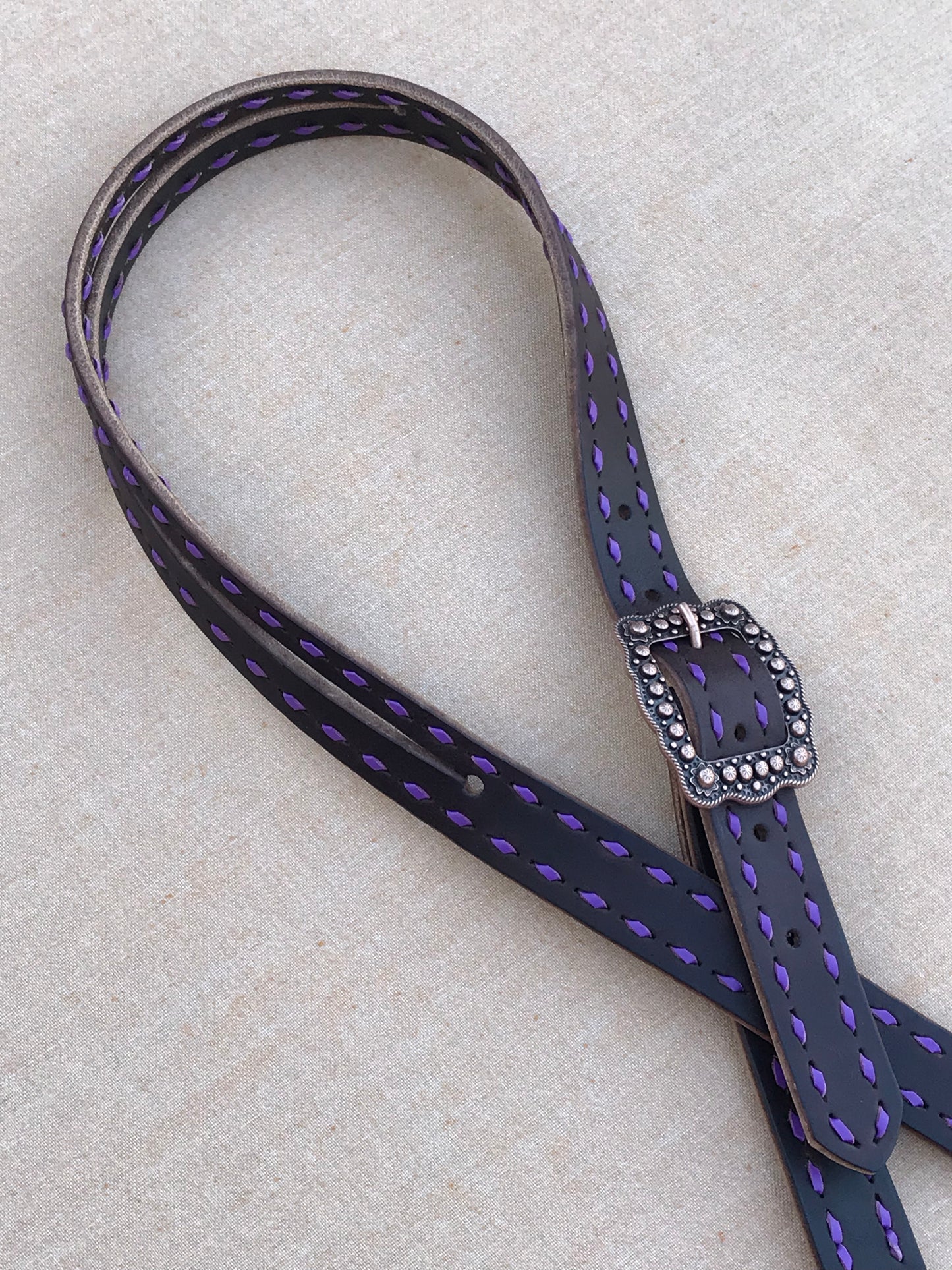 Chocolate Leather Headstall with Purple Buckstitch