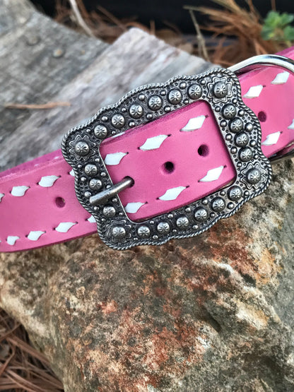 “Barbie Girl” Bubblegum Pink Leather Collar with White Buckstitch