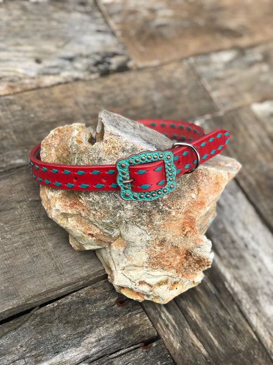 Red Leather Collar with Turquoise Buckstitch