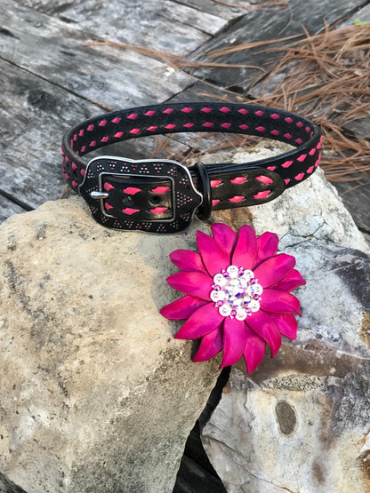 Black Leather Collar with Pink Buckstitch + Punchy Posey