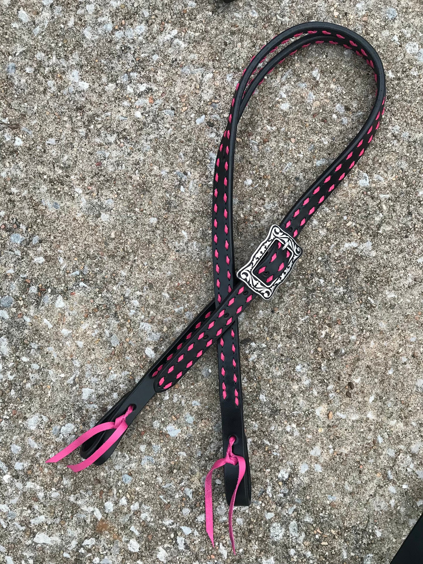 Black Leather Headstall with Pink Buckstitch