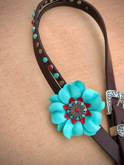 Chocolate Split Ear Headstall with Turquoise Posies