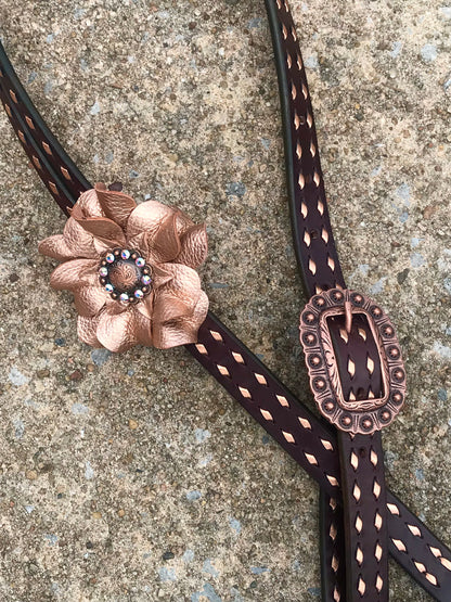 Chocolate Leather Headstall with Rose Gold Buckstitch