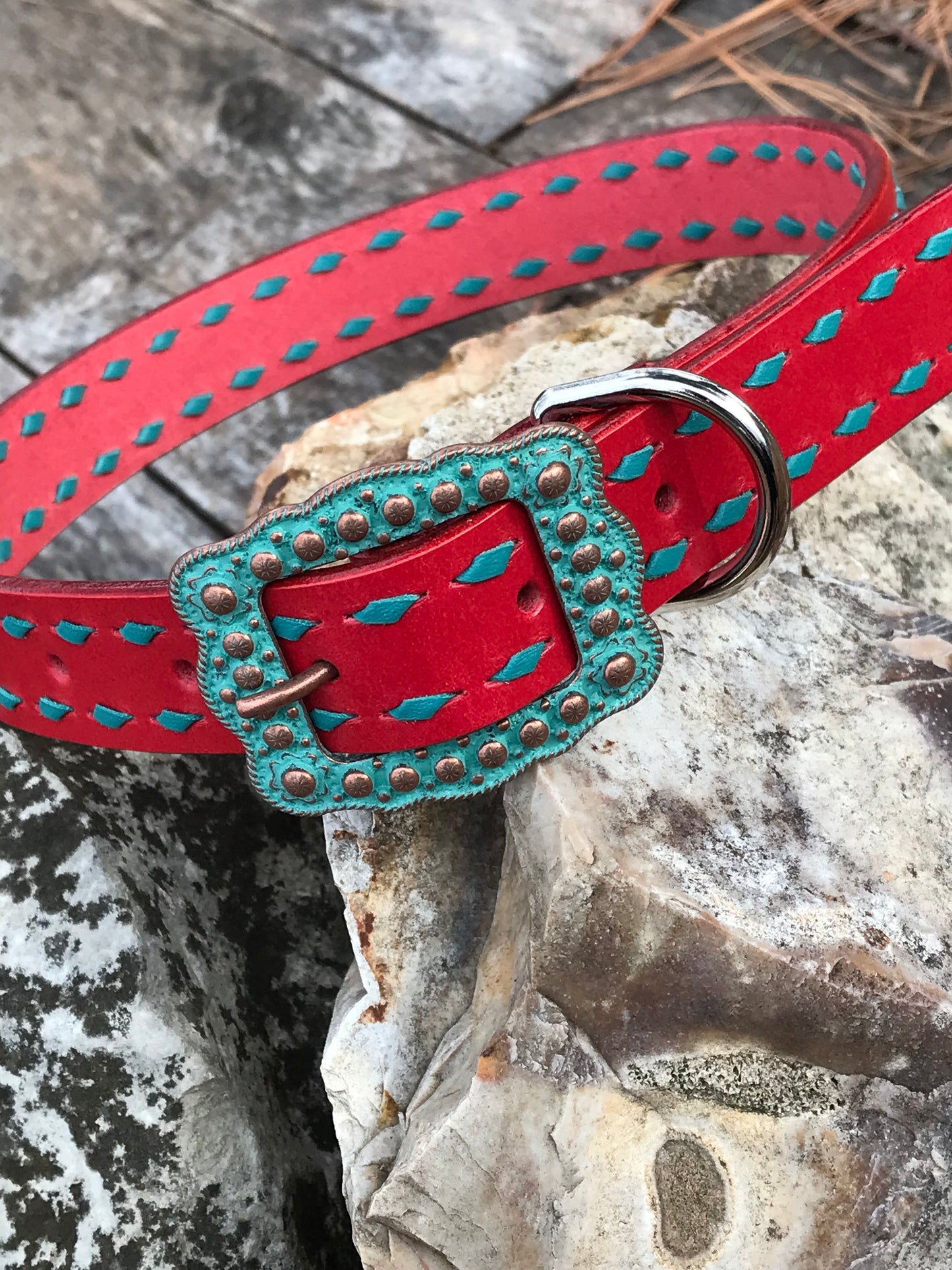 1” Red Leather Dog Collar with Turquoise Buckstitch