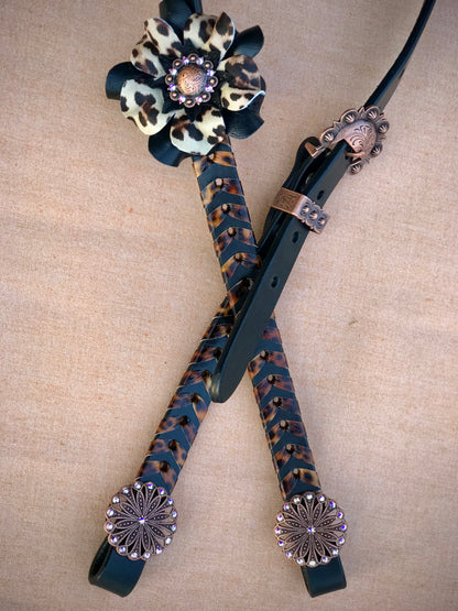 Black Leopard Laced Headstall with matching Punchy Posey