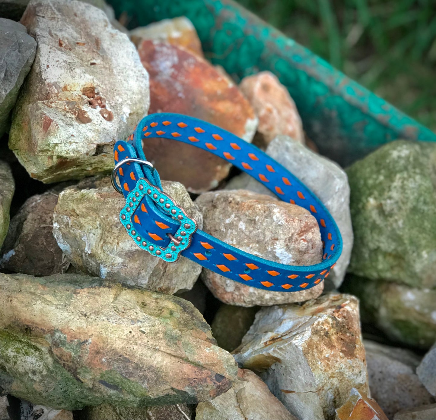 Blue Leather Dog Collar with Orange Buckstitch