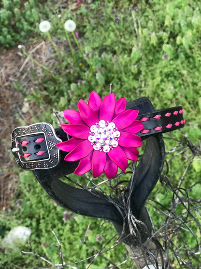 Black Leather Collar with Pink Buckstitch + Punchy Posey