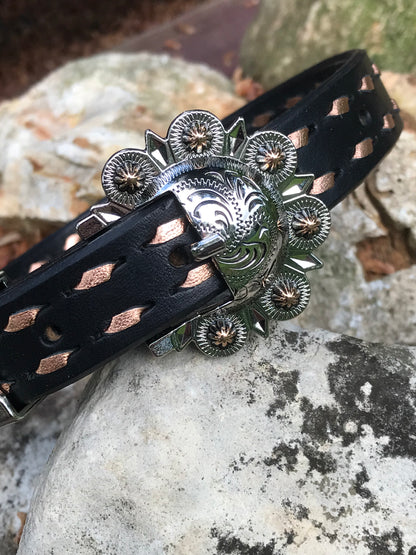 Black Leather Dog Collar with Rose Gold Buckstitch