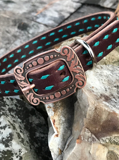 Chocolate Leather Dog Collar with Turquoise Buckstitch